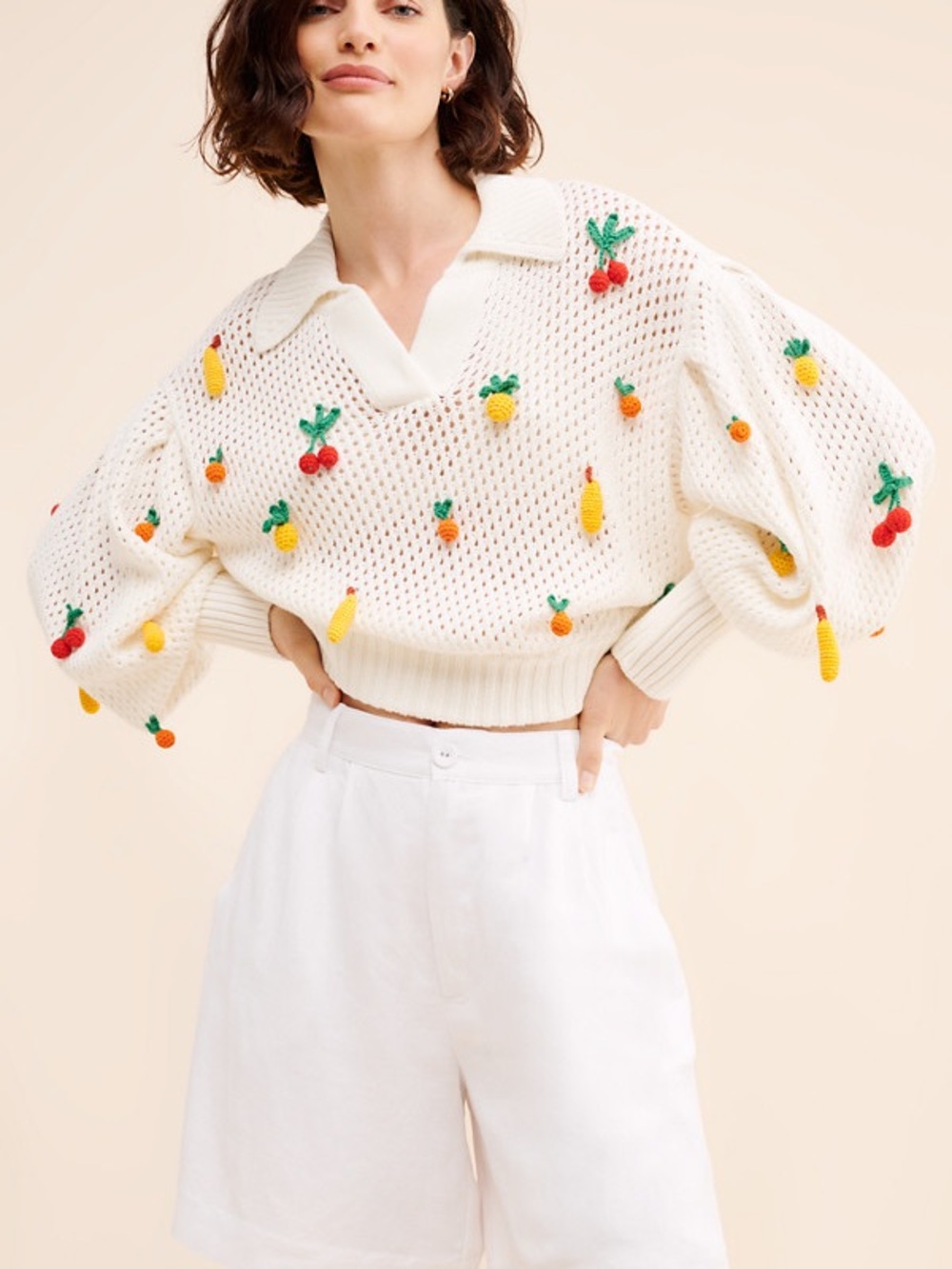 FARM Rio Cream Open-Knit Cropped V-Neck Sweater with Fruit Embroidery